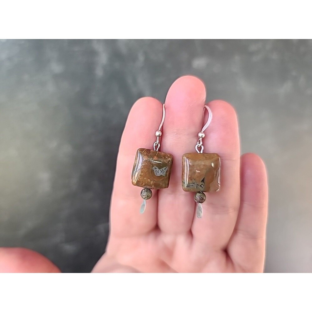 925 Sterling Silver Jasper Beaded Dangling Pierced Earrings Vintage